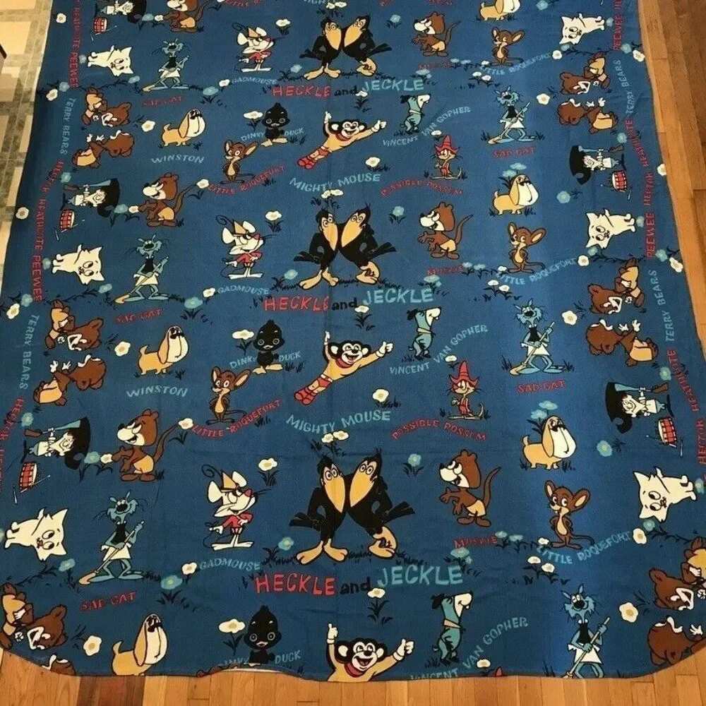 Terry Tunes Vintage Bedspread Mighty Mouse Heckle Jeckle Blue Queen